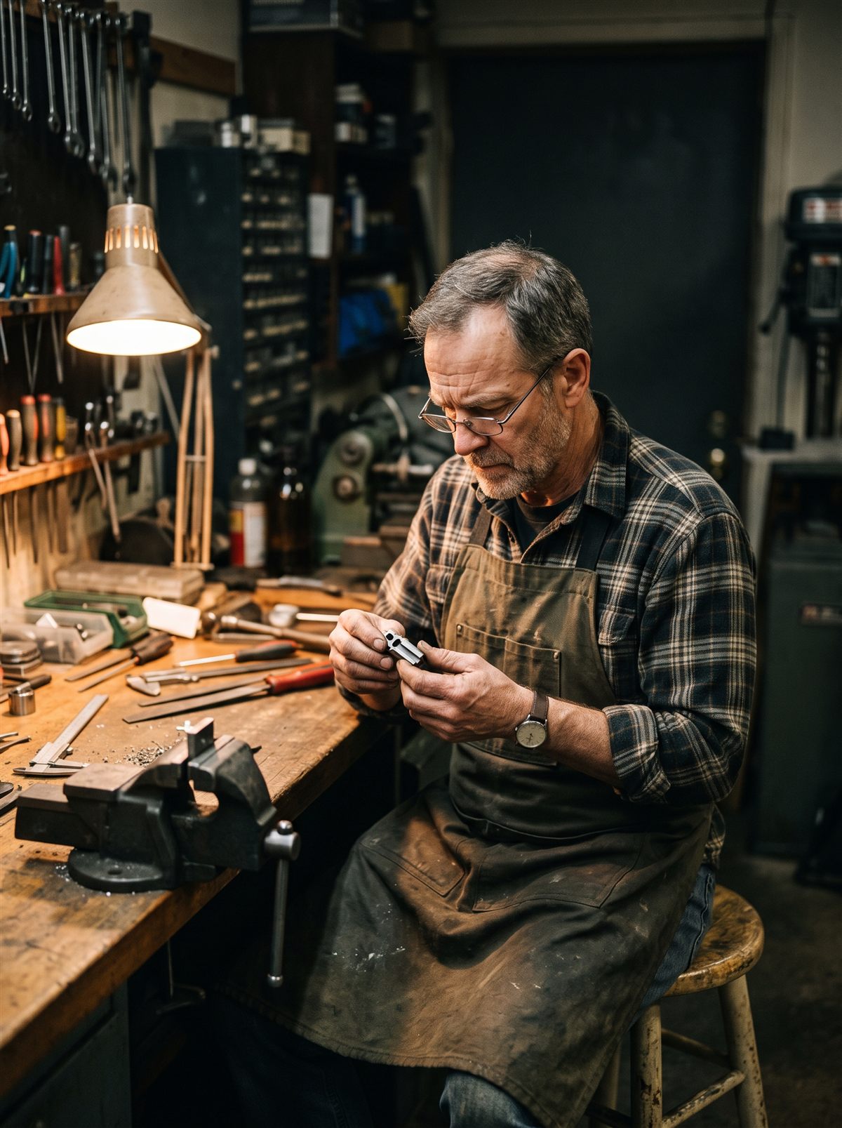 The builder inspecting a machined part at his workbench