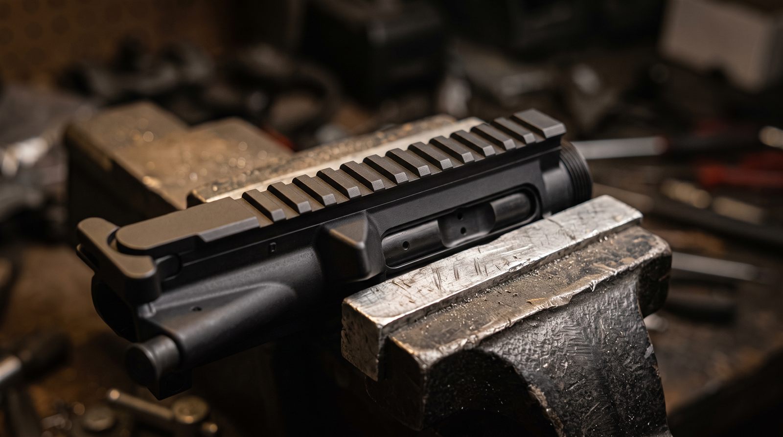 Matte black AR-15 upper receiver clamped in a bench vise