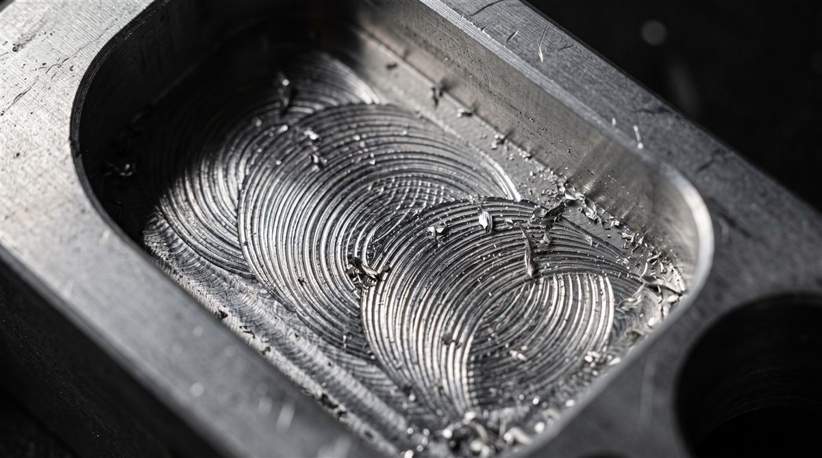 Fresh CNC tool paths milled into a 7075 aluminum receiver blank