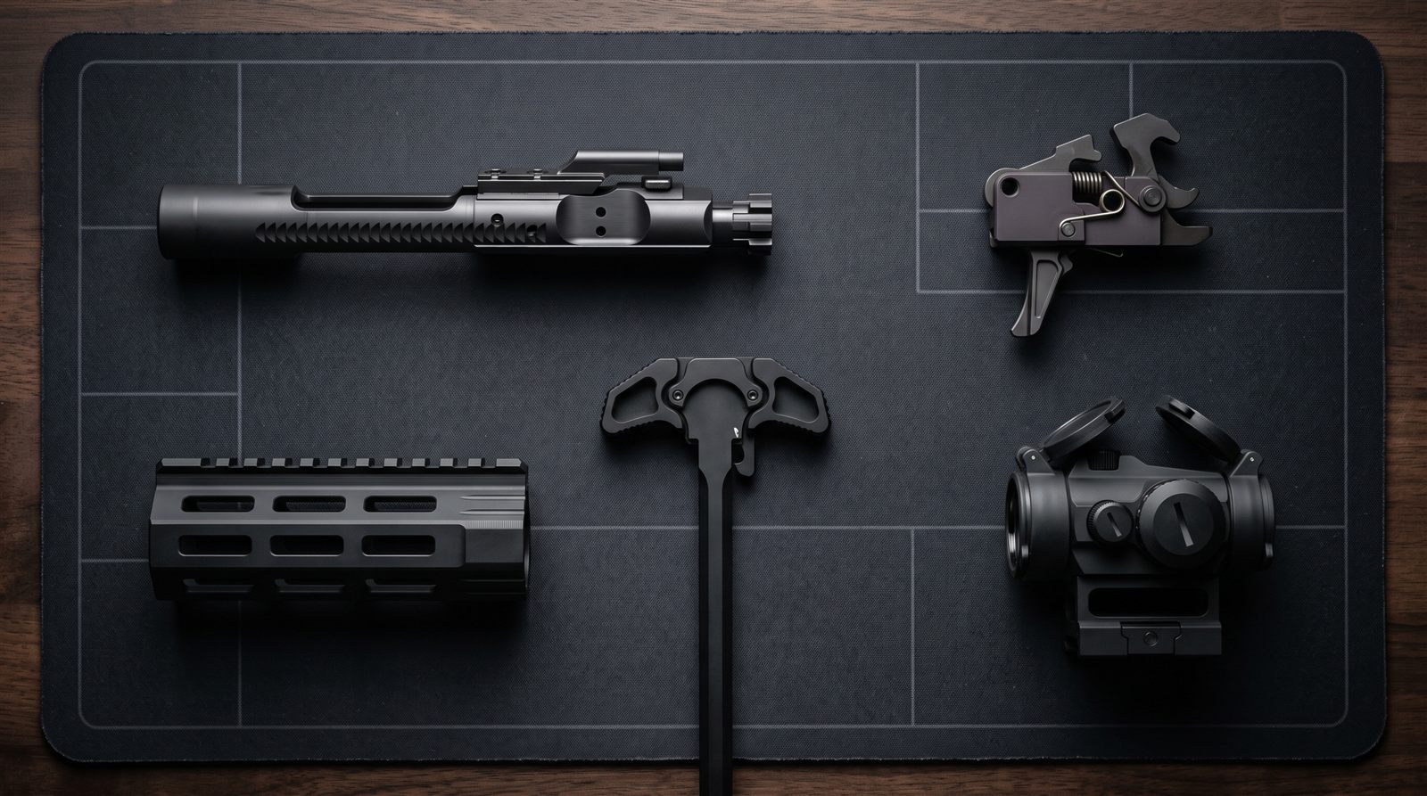 Premium AR-15 components on a dark workbench mat