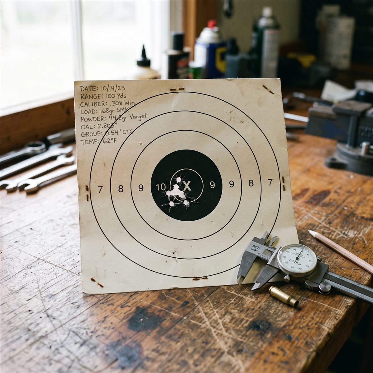 Paper target with a tight five-shot group and handwritten load data